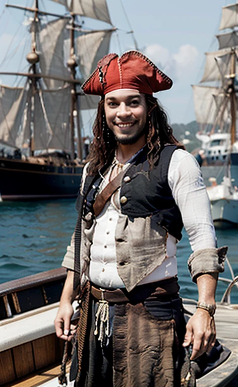 (Best Quality:1.3), Filming of movies, Masterpiece, (sharp focus:1.5), (natural:1.3), Full body portrait (a pirate with long wavy hair, sarcastic smile, Wearing pirate clothes and a parrot on the shoulder, on a boat at the helm., Give the scene an epic atmosphere, day, (highly refined leather), (detailed face), detailed background, daylight, volumetric lighting, intricate details, ultra high definition, 