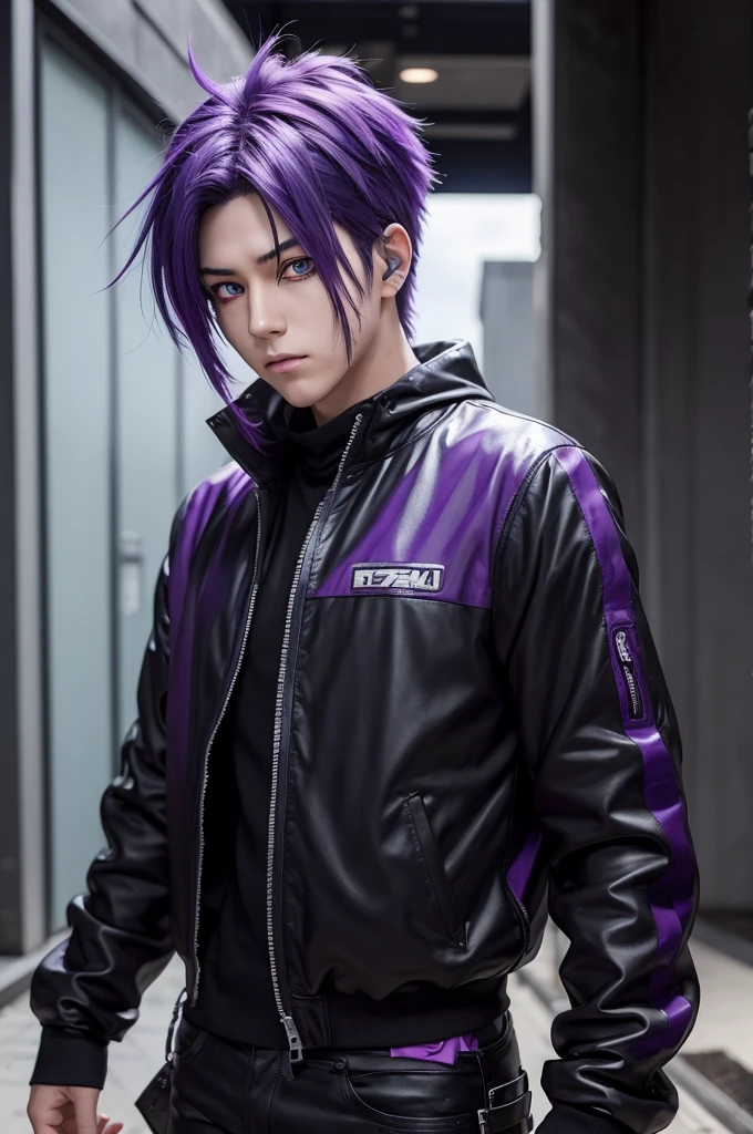 Young adult Male with black long hair, blue magic eyes, purple ombre, smoking, wearing punk clothes, shaved face