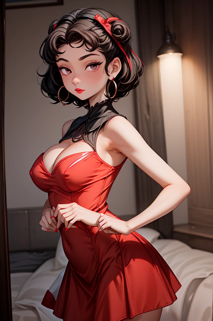 (8K HDR photorealistic pic), Betty Boop, short, althetic, curvy lady, ((tight little red dress)), dark eyebrows, black lipstick, (hoop earrings), dark eyeshadow, black lipstick, curvy, busty, (curly short black hair), shortstack, (retroussé breasts), darling figure, (supple pouting breasts), firm thighs, hourglass figure, kerchief, big brown eyes, dancing seductively