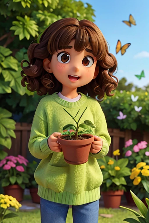 10 year old brunette with curly hair brown eyes and small nose wearing a 90s style green sweater very excited taking care of the plants in the garden with birds and butterflies flying around her.