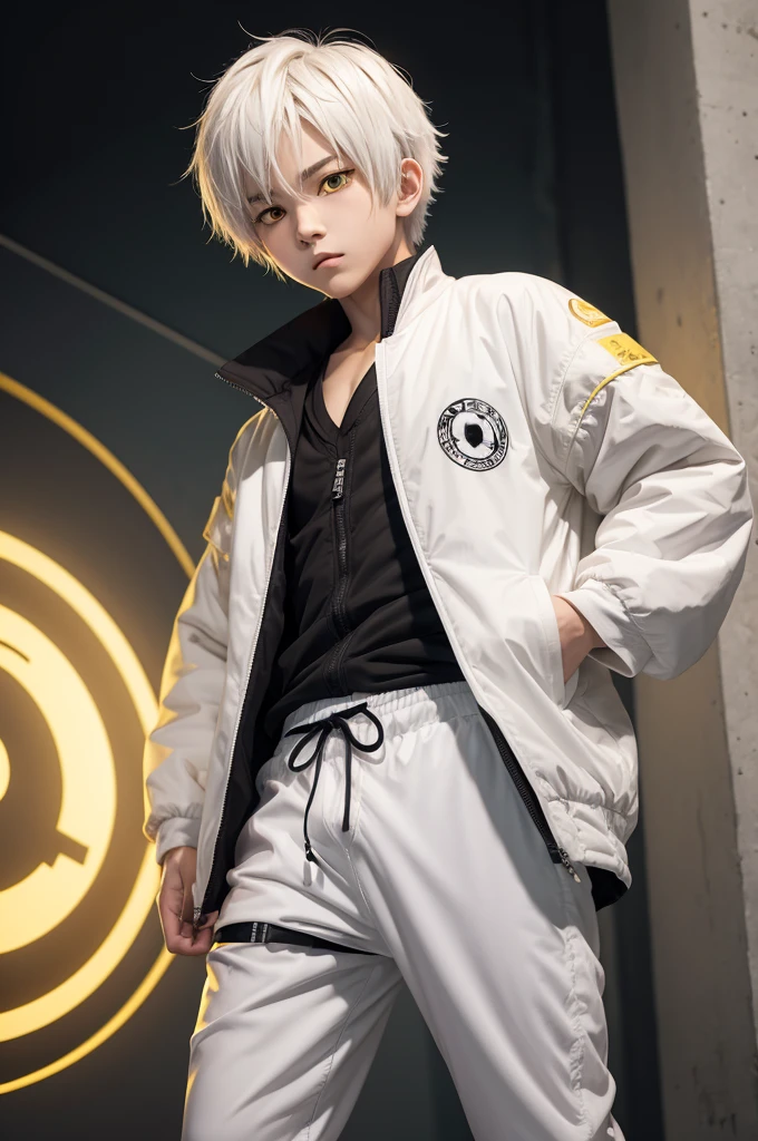 anime boy, short white hair, Jujutsu outfit with jacket, and yellow eye