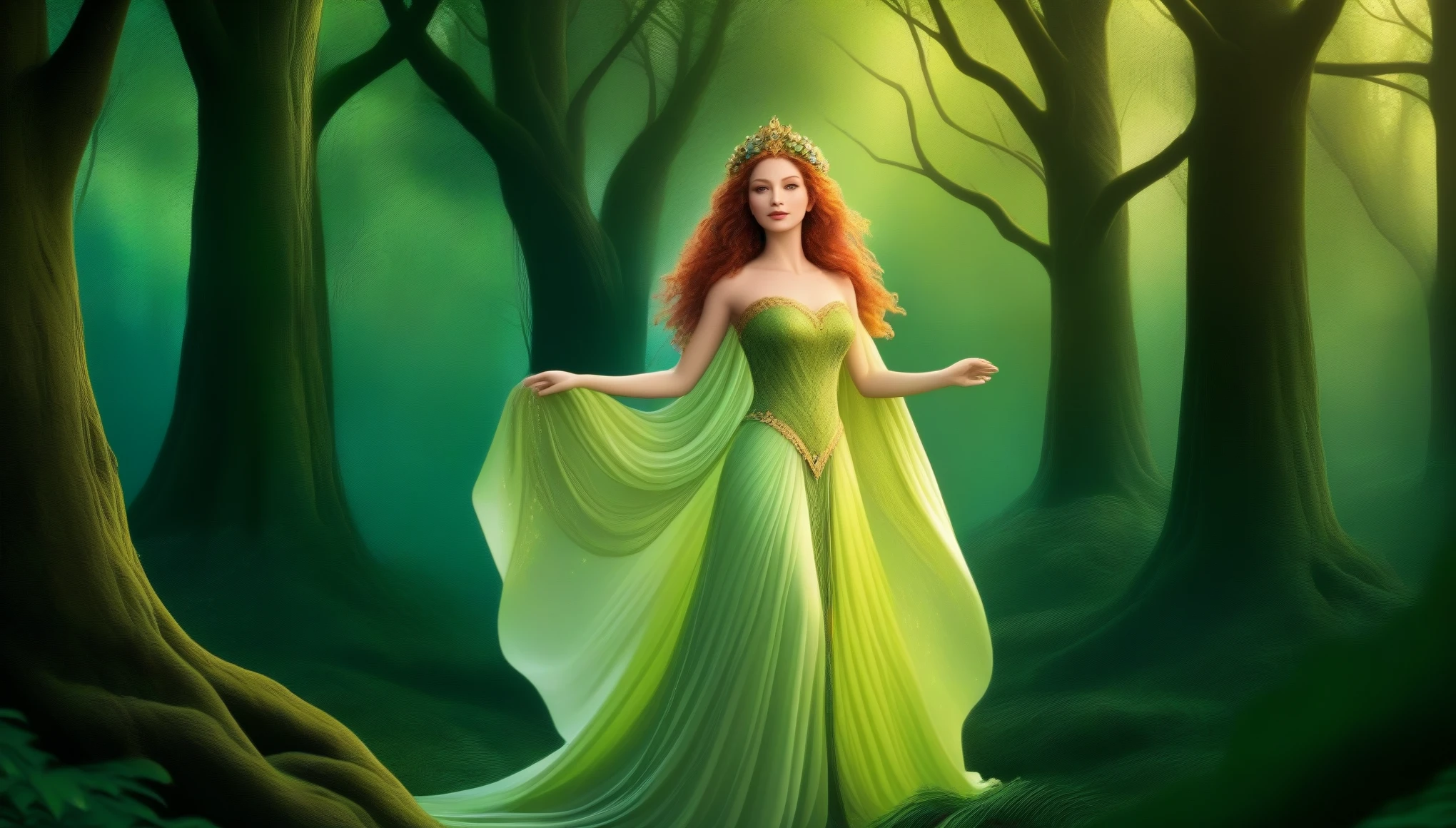 Design a beautiful queen adorned in intricate, nature-inspired attire, surrounded by a lush, magical forest. Her gown should be woven from leaves and flowers, with glowing vines intertwining around her. She stands gracefully under a canopy of ancient trees, with ethereal creatures like fairies and sprites fluttering around her, bathed in dappled sunlight.
