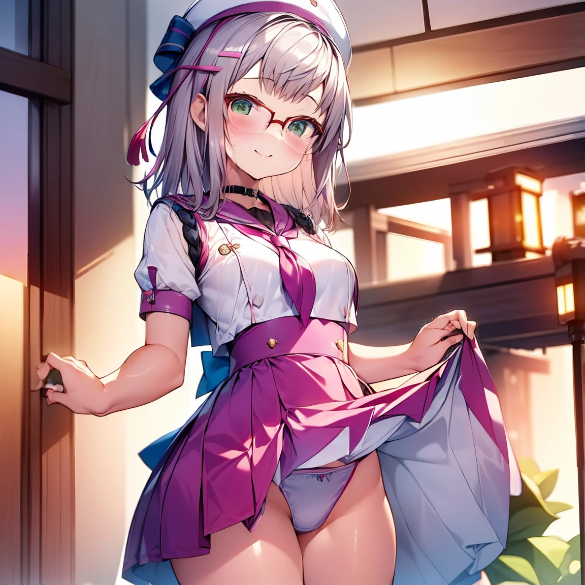 8K、masterpiece、Japanese、Woman wearing glasses、Neon(nod)、from the front、smile、Childish、Small breasts、See-through underwear、night、Bedroom、Show your underwear、mini skirt
