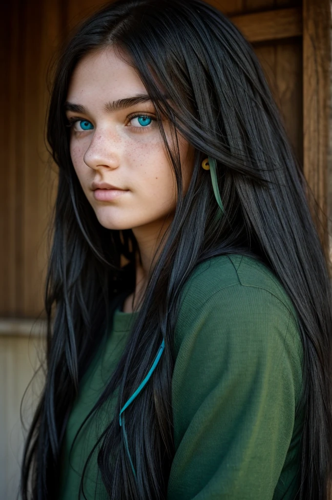18 year old girl, with long raven hair, with freckles on his face, with one blue eyes and the other green.