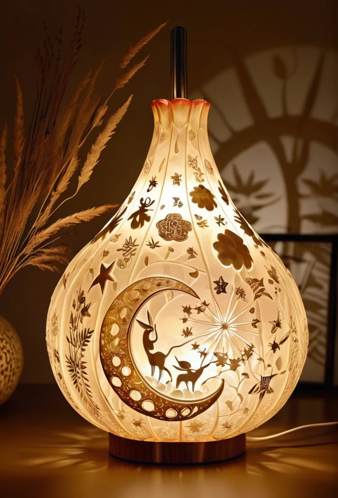 Gourd lamp. A lamp in the shape of a gourd. Delicate design. Beautiful luster. Shapes of the moon, sun, stars and animals are carved out. When lit, beautiful patterns emerge. Relaxing. Asian taste.エスニック柄。