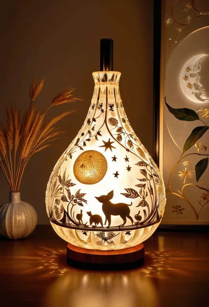 Gourd lamp. A lamp in the shape of a gourd. Delicate design. Beautiful luster. Shapes of the moon, sun, stars and animals are carved out. When lit, beautiful patterns emerge. Relaxing. Asian taste.エスニック柄。