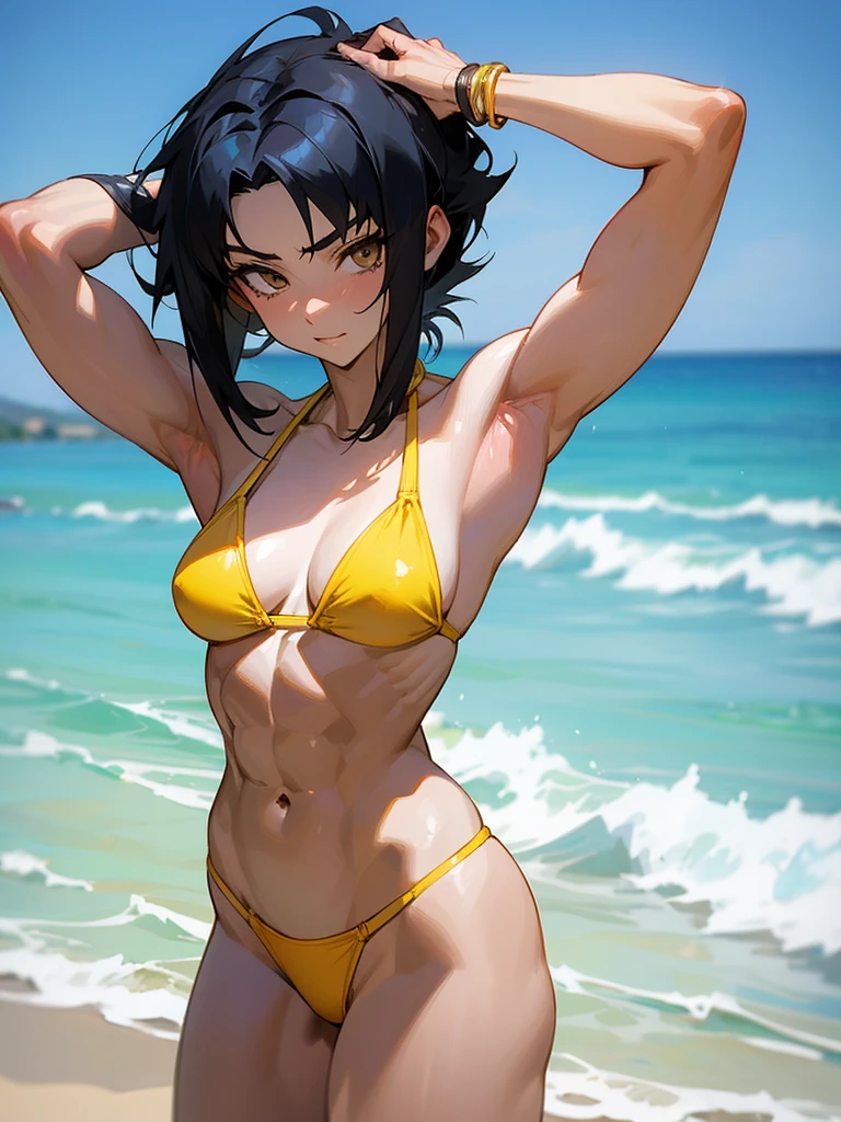 18 year old anime muscle mommy with black hair and pale skin in a yellow thong bikini flexing her muscles with her hands behind her head so they are not seen to show off her abs on a white sanded beach, highly detailed 