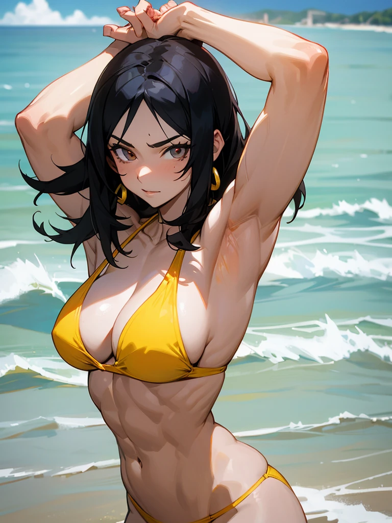 18 year old anime muscle mommy with black hair and pale skin in a yellow thong bikini flexing her muscles with her hands behind her head so they are not seen to show off her abs on a white sanded beach, highly detailed