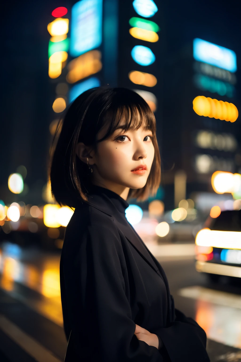 ((best quality)), ((masterpiece)), (Cinematic Aesthetic:1.4) Photo of a beautiful korean fashion model bokeh city night