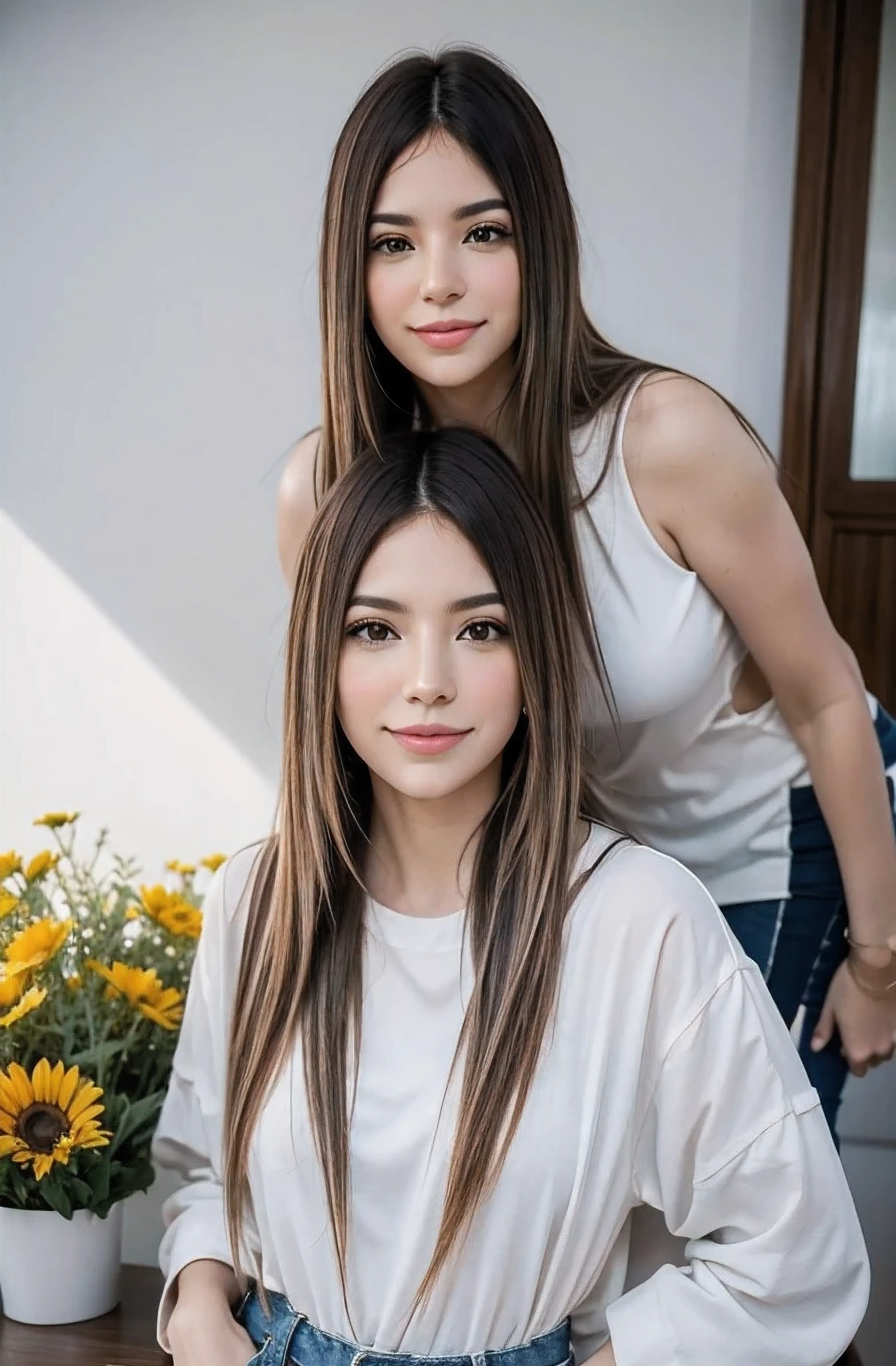 Photo of Hermosas 24 Rivers, medium length black hair, detailed eyes, pale skin, Appear safe, Casual, interior, with an air of superiority, colorful flowery summer dress, They're smiling, neckline