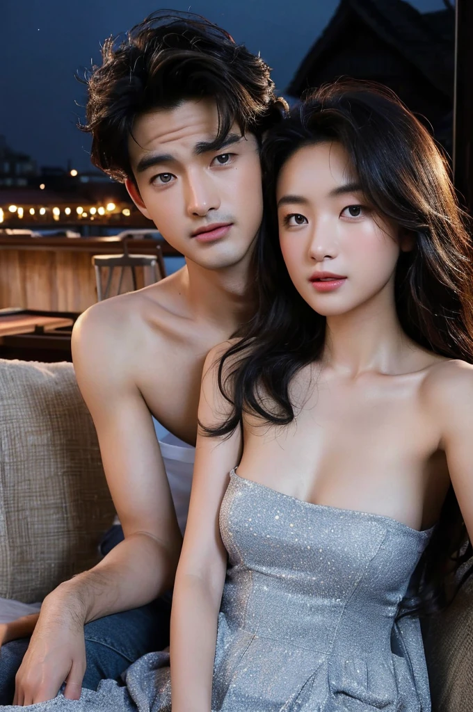 A secret rendezvous of two in a rooftop Attic, under the moonlight, 1 man,1Female,ใบหน้าที่very detailed, (realistically),(perfect),(Portrait,romantic,night scene,Attic,moonlit night,Serene atmosphere,soft light)(best quality,very detailed,realistic),((topless)),(whispered conversation,intimate gesture,((gentle touch)),(romantic encounter,Hidden love affair,Stolen Moment)(Mystical Shadows,dust in the air)(Nostalgic feelings,Antique furniture,old wooden beams)(A comfortable refuge,comfortable sofa,soft cushion)(whispers of love,man and woman,Embrace each other.,Lingering gaze,((have sex)),((topless)),Gentle breeze)(delicate color,Warm colors,soft light)(Glittering Stars,shining moonlight,night sky)