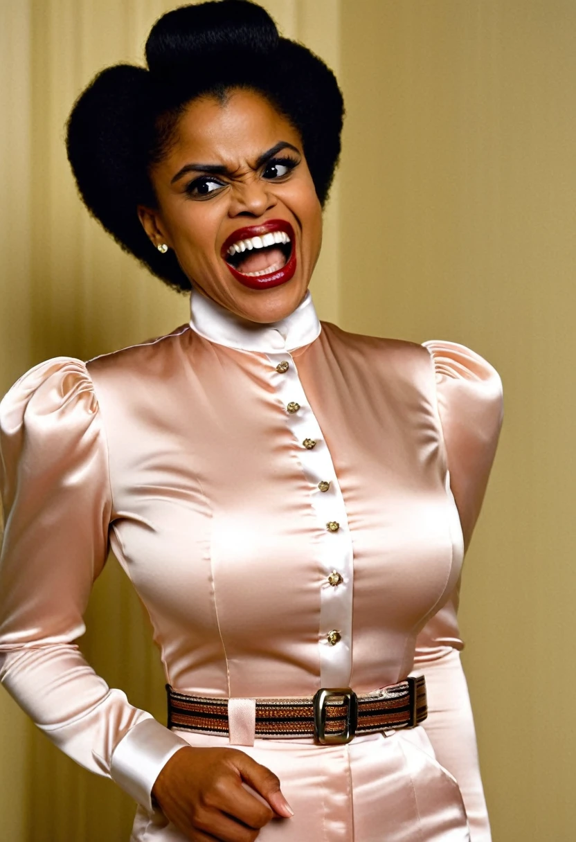 closeup shot from below, (muscular evil angry Zazie Beetz in pain showing closed teeth with flared nostrils and furrowed brows:1.5) in a (closed satin skintight buttondown band collar blouse with extremely tight belt:1.6), tight hairbun, silk gloves, (widened eyes), (muscular arms), subtle evil stare with flared nostrils, (evil laugh), skintight satin pants defining her body, uptight, popped collar, stiff posture, closed mouth
