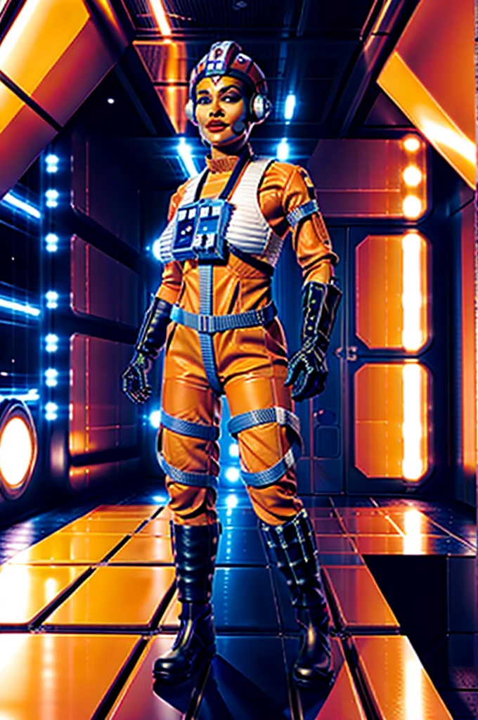 twilek in rebel pilot suit,orange skin,futuristic corridor,tech,space base