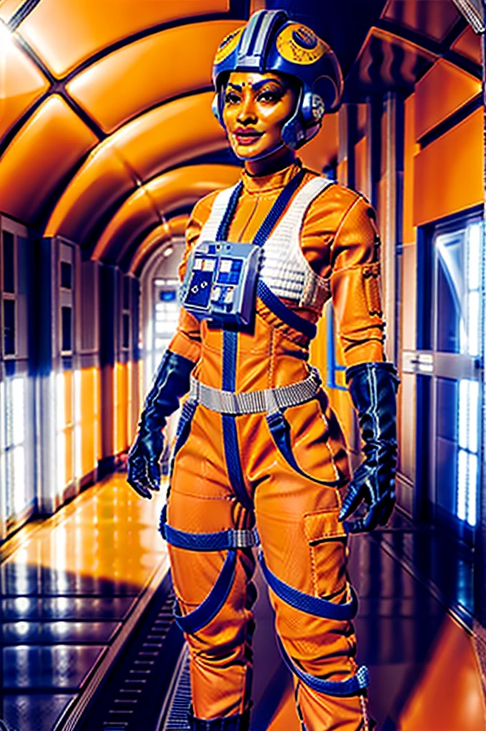 twilek in rebel pilot suit,orange skin,futuristic corridor,tech,space base