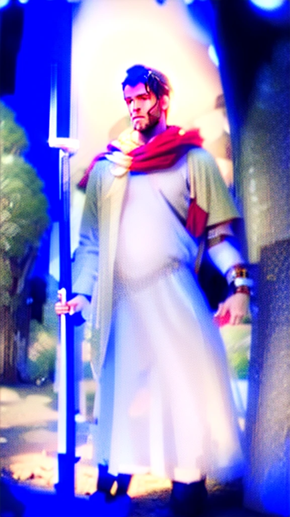 Sure, here is the prompt translated into English:
---
"A detailed and artistic image of Saint John the Baptist, the patron saint, in a natural setting. He should be wearing a simple tunic made of camel hair, holding a shepherd's staff with a small cross on top. His expression should be serene and introspective, looking towards the sky. In the background, there should be a flowing river and lush vegetation. Include a banner with the inscription 'Ecce Agnus Dei' and a lamb at his feet, symbolizing the 'Lamb of God.' The lighting should be soft and celestial, with golden rays of light highlighting his figure. Additional details may include a small campfire beside him and birds flying in the background."
---
This prompt provides a detailed description to capture the traditional iconography and symbolism of Saint John the Baptist in a visually appealing context.9:16
