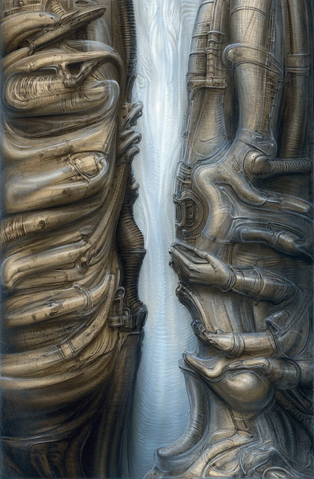 
The image is a detailed view of H.R. Giger's \" kunstwerk \" plate, featuring a complex network of bones and organs in a purple-brown hue ,swirling gray and brown colors. The artwork is silver and purplish brown, with an ivory bones prominently displayed. The image is highly detailed and intricate, almost like a 3d version of a medical diagram 
The image is an artistic representation of a mechanical structure with pipes and gears, with a skeletal creature and a windmill blade.



 The image shows a close-up of a sculpture of two fossilized lifeforms showing more detail than the other. The sculpture appears to be made of a textured material, possibly wood or stone, and the surfaces are carved with a degree of realism. The background is blurred, suggesting waterfall. the focus is on the sculptures itself.
 The image depicts a complex, mechanical structure with a level of detail achived by fractal algorightmic art, that suggests a sci-fi or futuristic theme.Is a digital artwork featuring a complex, intricate, and colorful design. It is a blend of geometric shapes, lines, and forms that create a sense of depth and dimension.

The piece is a tableau, most likely created with a India ink pen or pencil on paper, determined by the thin lines, shading techniques, and the texture of the paper, which is visible around the edges.
used is pen, given the shading and variations in line weight visible in the image. One have used a variety of pencils with different degrees of hardness to achieve the shading effects

The placement of the creatures on the center follows the rule of thirds, a principle in composition that places important elements along imaginary lines dividing the image into thirds both horizontally and vertically.
The background is dark and limited , a series of arches and tunnels that recede into the distance. The lack of detail keeps the focus on the creatures in the foreground and creates a sense of mystery environment.

The style  is clearly biomechanical. Featu