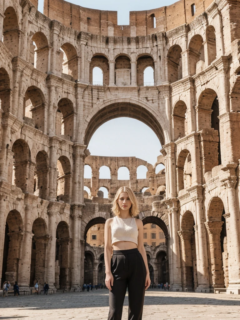 her name is Elle, high quality, 1girl, ((20-year-old fit Caucasian woman)), ((20 years old)), ((fit)), ((pale skin)), short bob blonde hair , wearing Crochet Crop Top + High-Waisted Linen Pants, pose: standing, background: Detail the historic grandeur of the Colosseum in Rome, with its ancient arches, sprawling ruins, and the lively streets of the Eternal City surrounding it