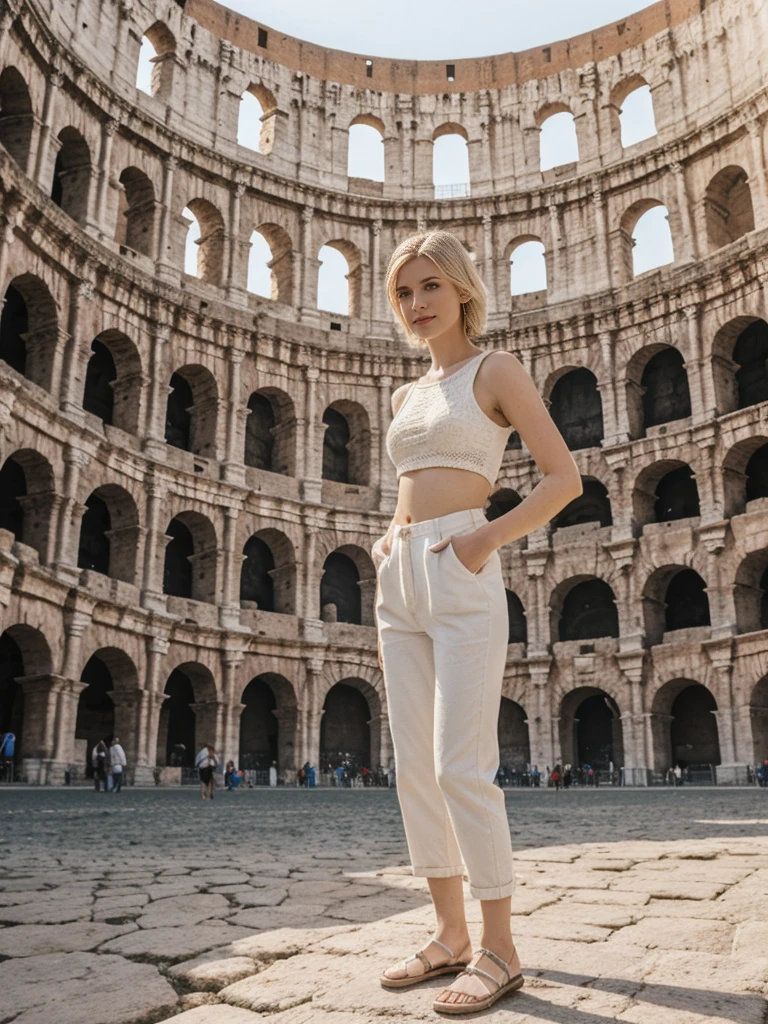 her name is Elle, high quality, 1girl, ((20-year-old fit Caucasian woman)), ((20 years old)), ((fit)), ((pale skin)), short bob blonde hair , wearing Crochet Crop Top + High-Waisted Linen Pants, pose: standing, background: Detail the historic grandeur of the Colosseum in Rome, with its ancient arches, sprawling ruins, and the lively streets of the Eternal City surrounding it