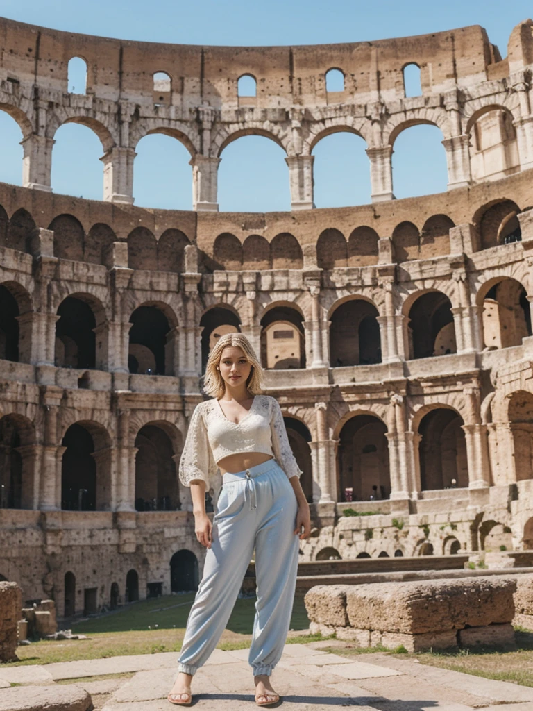 her name is Elle, high quality, 1girl, ((20-year-old fit Caucasian woman)), ((20 years old)), ((fit)), ((pale skin)), short bob blonde hair , wearing Crochet Crop Top + High-Waisted Linen Pants, pose: standing, background: Detail the historic grandeur of the Colosseum in Rome, with its ancient arches, sprawling ruins, and the lively streets of the Eternal City surrounding it