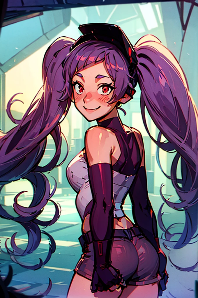 Entrapta, smiling, embarrassed, long purple hair, twin ponytails, red eyes, wearing tube top, wearing booty shorts, thick thighs, underbutt