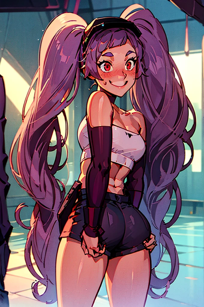 Entrapta, smiling, embarrassed, long purple hair, twin ponytails, red eyes, wearing tube top, wearing booty shorts, thick thighs, underbutt