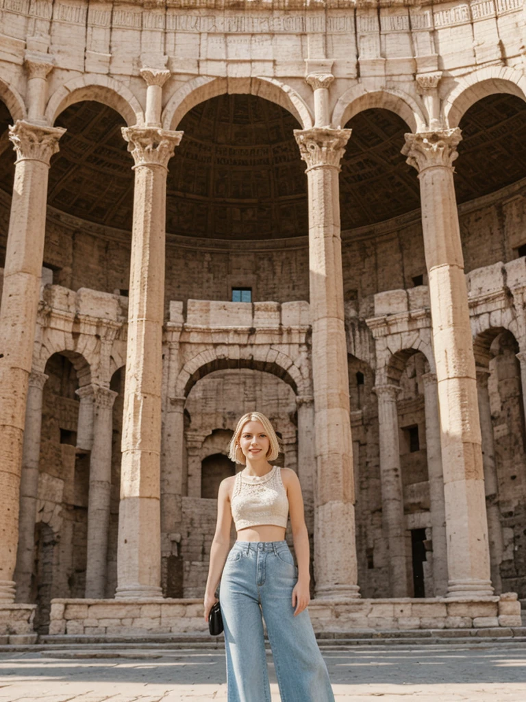 her name is Elle, high quality, 1girl, ((20-year-old fit Caucasian woman)), ((20 years old)), ((fit)), ((pale skin)), short bob blonde hair , wearing Crochet Crop Top + High-Waisted Linen Pants, pose: standing, background: Detail the historic grandeur of the Colosseum in Rome, with its ancient arches, sprawling ruins, and the lively streets of the Eternal City surrounding it