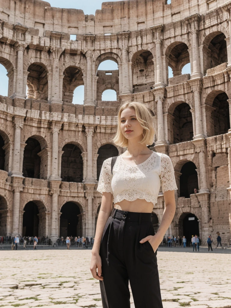 her name is Elle, high quality, 1girl, ((20-year-old fit Caucasian woman)), ((20 years old)), ((fit)), ((pale skin)), short bob blonde hair , wearing Crochet Crop Top + High-Waisted Linen Pants, pose: standing, background: Detail the historic grandeur of the Colosseum in Rome, with its ancient arches, sprawling ruins, and the lively streets of the Eternal City surrounding it