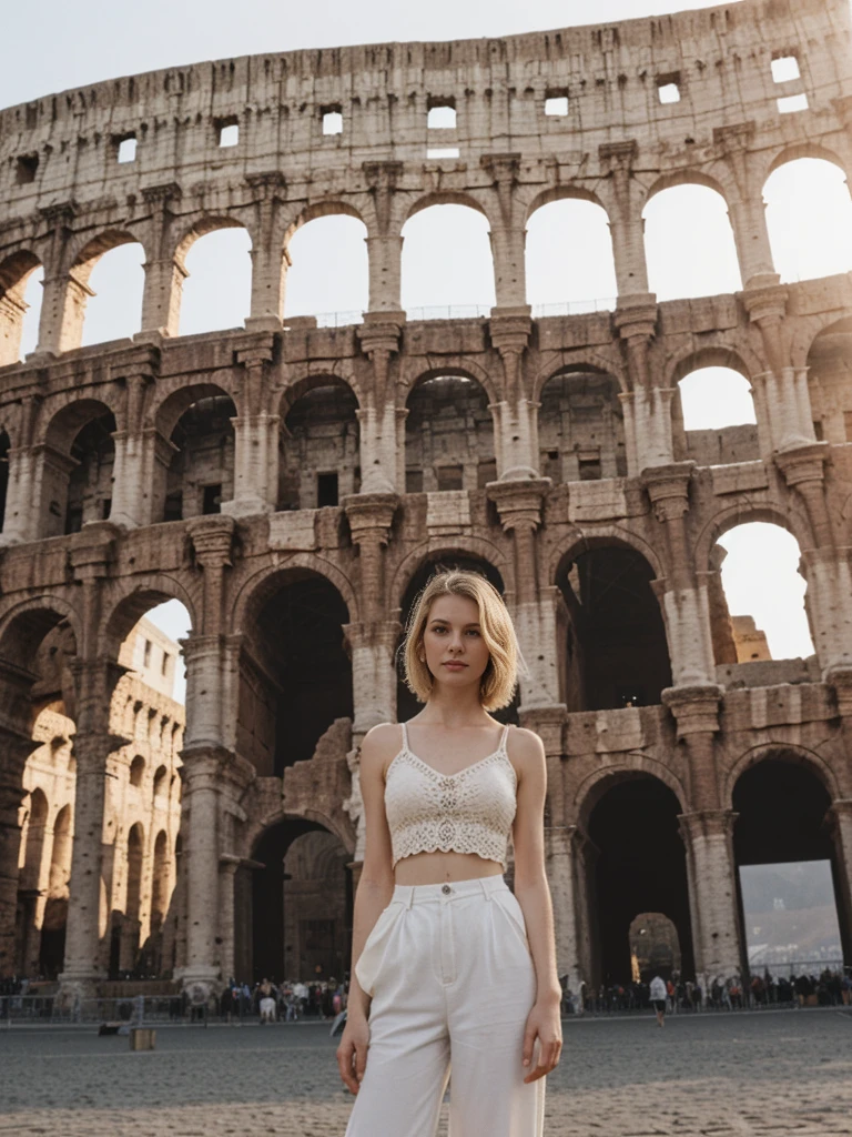 her name is Elle, high quality, 1girl, ((20-year-old fit Caucasian woman)), ((20 years old)), ((fit)), ((pale skin)), short bob blonde hair , wearing Crochet Crop Top + High-Waisted Linen Pants, pose: standing, background: Detail the historic grandeur of the Colosseum in Rome, with its ancient arches, sprawling ruins, and the lively streets of the Eternal City surrounding it