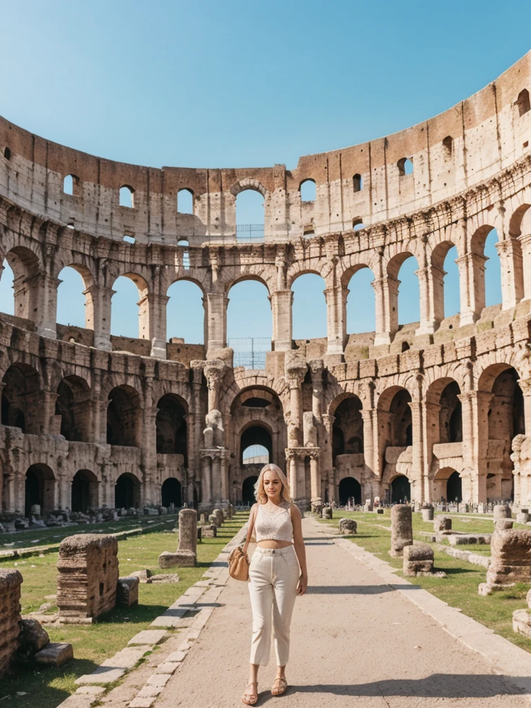 her name is Elle, high quality, 1girl, ((20-year-old fit Caucasian woman)), ((20 years old)), ((fit)), ((pale skin)), short bob blonde hair , wearing Crochet Crop Top + High-Waisted Linen Pants, pose: standing, background: Detail the historic grandeur of the Colosseum in Rome, with its ancient arches, sprawling ruins, and the lively streets of the Eternal City surrounding it