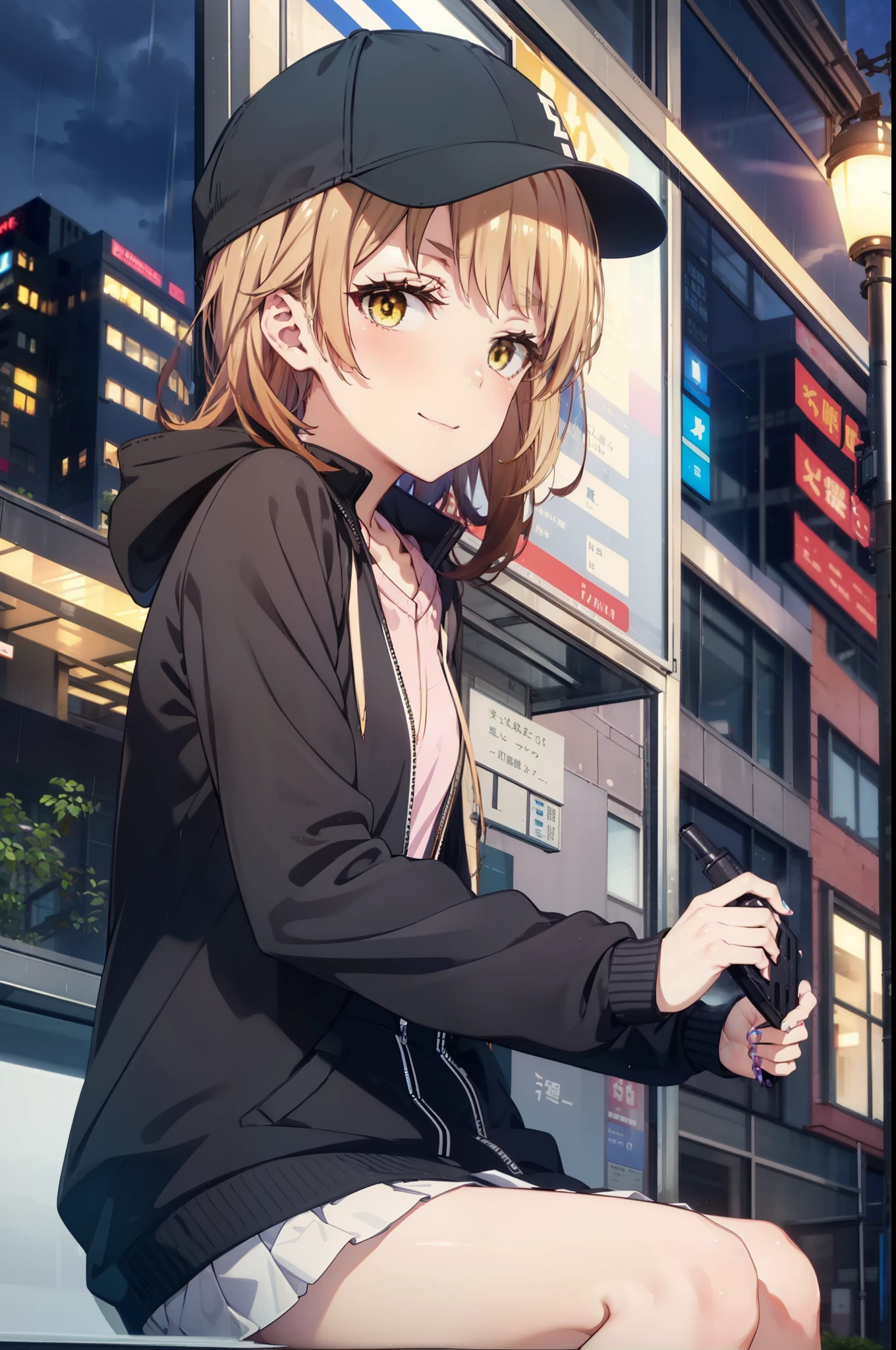 Irohaisshiki, isshiki iroha, Long Hair, Brown Hair, (Brown eyes:1.5), happy smile, smile, Close your mouth,blush,rain,night,Baseball hats,Pink oversized hoodie,V-neck shirt,mini skirt,Black pantyhose,short boots,Sitting on a bus stop bench、,Hidden in a covered building bus stop,whole bodyがイラストに入るように,
break outdoors, バス停
break looking at viewer,whole body,
break (masterpiece:1.2), Highest quality, High resolution, unity 8k wallpaper, (figure:0.8), (Beautiful attention to detail:1.6), Highly detailed face, Perfect lighting, Highly detailed CG, (Perfect hands, Perfect Anatomy),