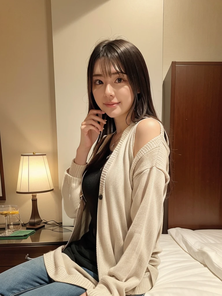 rie,One Woman,(best quality), (ultra detailed), (absolutely resolution),Face is front, 20-year-old, Lower one shoulder, Long jacket and fitted jeans, The color of the dress is chocolate brown, The pattern on the clothes is lace, Brown Hair, A modern design business hotel room