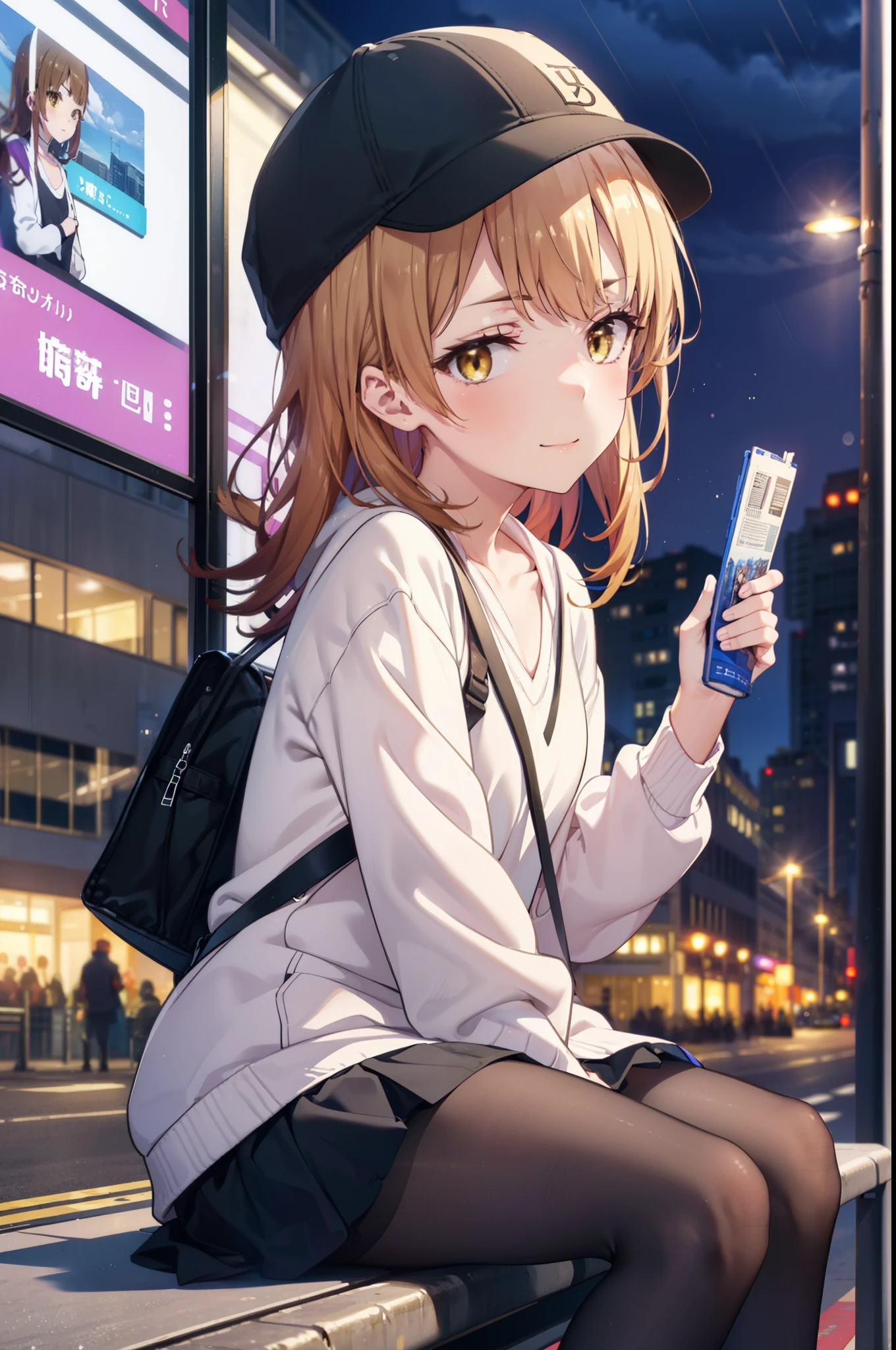 Irohaisshiki, isshiki iroha, Long Hair, Brown Hair, (Brown eyes:1.5), happy smile, smile, Close your mouth,blush,rain,night,Baseball hats,Pink oversized hoodie,mini skirt,Black pantyhose,short boots,Sitting on a bus stop bench、,Hidden in a covered building bus stop,whole bodyがイラストに入るように,
break outdoors, バス停
break looking at viewer,whole body,
break (masterpiece:1.2), Highest quality, High resolution, unity 8k wallpaper, (figure:0.8), (Beautiful attention to detail:1.6), Highly detailed face, Perfect lighting, Highly detailed CG, (Perfect hands, Perfect Anatomy),