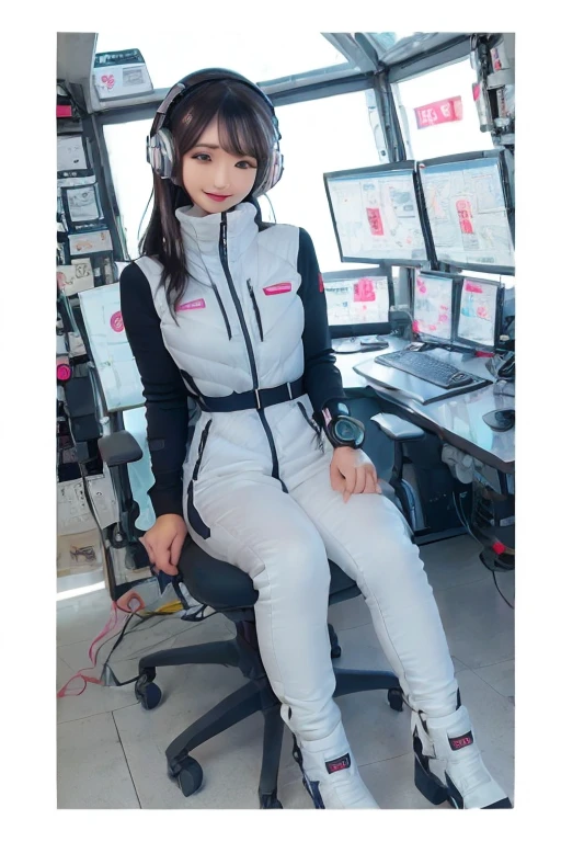 masterpiece, Highest quality, Very detailed, 8K Portrait,Japanese Android Girl,plump , Control panel,Robotic arms and legs, Blunt bangs,,break (Metallic Gray, Metallic luster, Mirror finish, Astro Best):5,headphone:5,break (Black sleeves):100,Smart Watches,Futuristic space station,Control Room,break headphone,blue eyes,(Black Hair):2,(Long Hair):1.3,Displaying the viewer,(respirator),break blush:3,Hidden Hand,smile