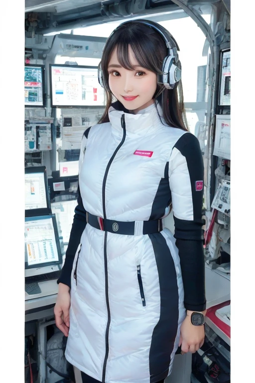 masterpiece, Highest quality, Very detailed, 8K Portrait,Japanese Android Girl,plump , Control panel,Robotic arms and legs, Blunt bangs,,break (Metallic Gray, Metallic luster, Mirror finish, Astro Best):5,headphone:5,break (Black sleeves):100,Smart Watches,Futuristic space station,Control Room,break headphone,blue eyes,(Black Hair):2,(Long Hair):1.3,Displaying the viewer,(respirator),break blush:3,Hidden Hand,smile