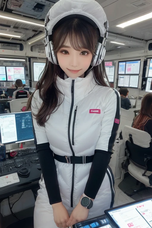 masterpiece, Highest quality, Very detailed, 8K Portrait,Japanese Android Girl,plump , Control panel,Robotic arms and legs, Blunt bangs,,break (Metallic Gray, Metallic luster, Mirror finish, Astro Best):5,headphone:5,break (Black sleeves):100,Smart Watches,Futuristic space station,Control Room,break headphone,blue eyes,(Black Hair):2,(Long Hair):1.3,Displaying the viewer,(respirator),break blush:3,Hidden Hand,smile
