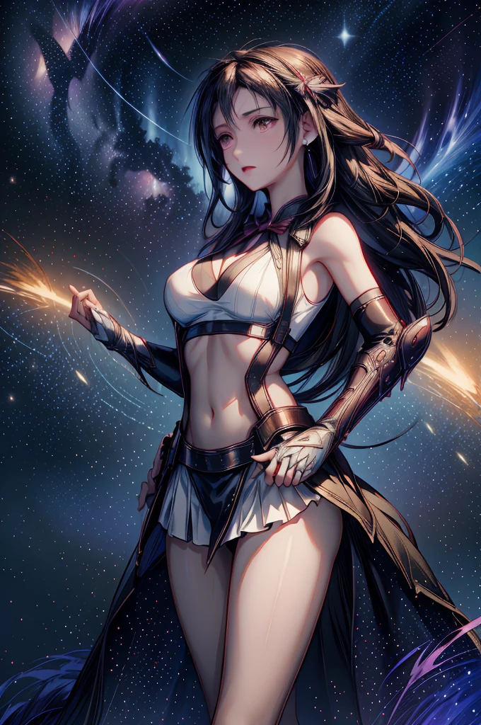 (best quality,ultra-detailed,realistic:1.37), full body, 1girl, solo, nude, nude shoulders, Kushina Uzumaki, large breasts, dark lips, Standing, Blushes, glamour pose, smile, long hair, blue eyes, hair clip, bracelet, night, space, moon and stars, nebula, galaxy