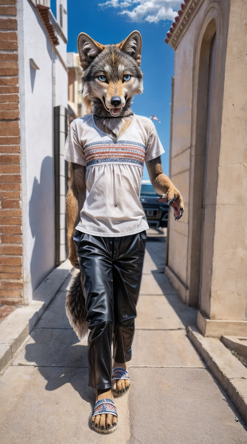 Standing on the extremely hot street,Wearing cotton clothes and trousers,Chest gemstones,Skinny girl(10 years old),Wolf,off white,Perfect fingers,Feet are clawed and wear black plastic sandals,Detailed and true,High Detail,high quality,High-resolution photos,Real and perfect eyes,Detailed paw,True and delicate skin,Claws,clear visual artwork,Five finger hand,Top quality,32k,Ultra high quality,Hot weather,Hot expression,real picture,Close-up of the paws