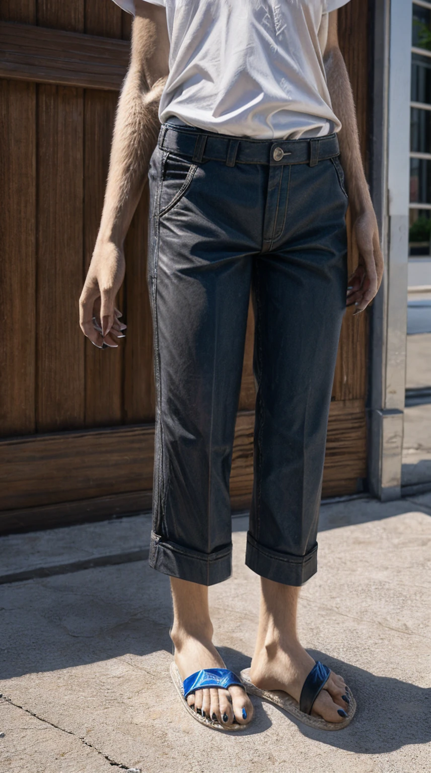 Standing on the extremely hot street，Wearing cotton clothes and trousers，Chest gemstones，Skinny girl（10 years old），Wolf，off white，Perfect fingers，Feet are clawed and wear black plastic sandals，Detailed and true，High Detail，high quality，High-resolution photos，Real and perfect eyes，Detailed paw，True and delicate skin，Claws，clear visual artwork，Five finger hand，Top quality，32k，Ultra high quality，Hot weather，Hot expression，real picture，Close-up of the paws