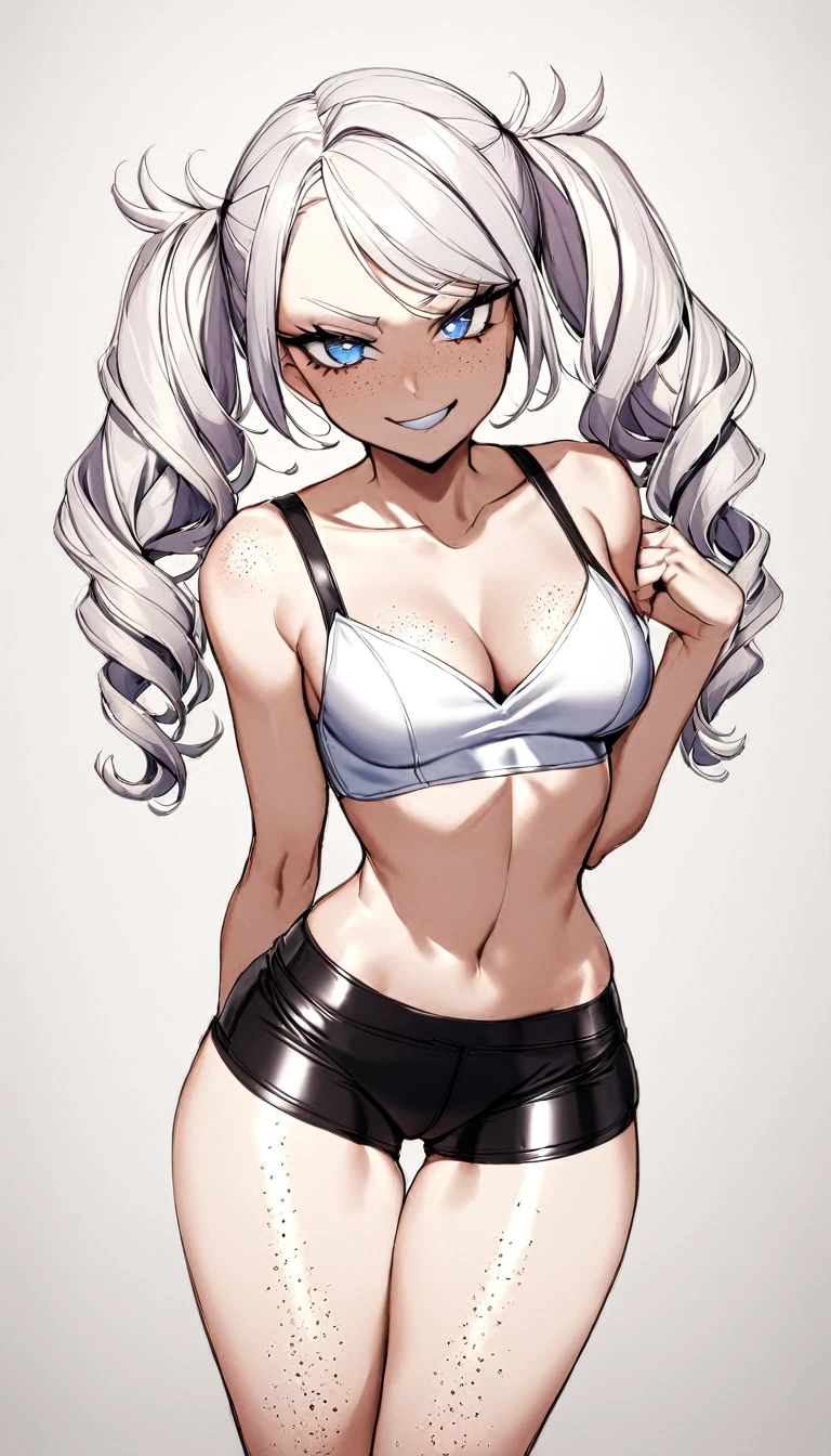 1 Girl, Casual Wear Clothing, Medium Breasts, Booty Shorts, Blue Eyes, Platinum White Hair, Twin Tail Hair Style, Pale White Skin, Smooth Skin, Face Freckles, Leather Straps on Thighs, Nice Cleavage, Slutty, Sexy, Sassy, Smirking, Tease, Teasing,