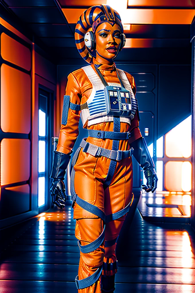 twilek in rebel pilot suit,orange skin,futuristic corridor,tech,space base