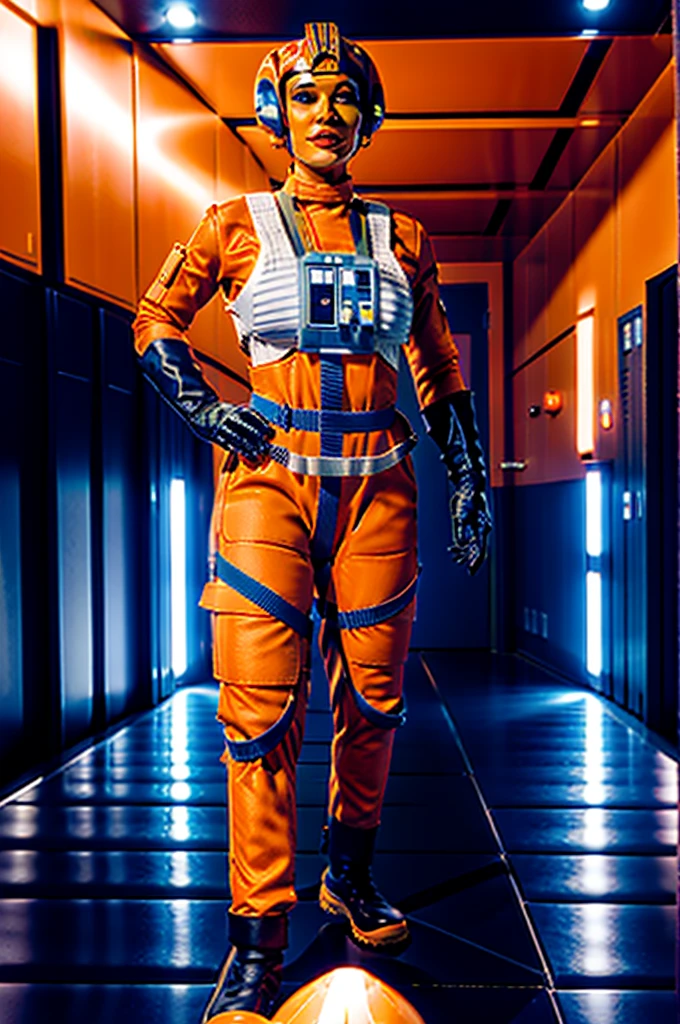 twilek in rebel pilot suit,orange skin,futuristic corridor,tech,space base