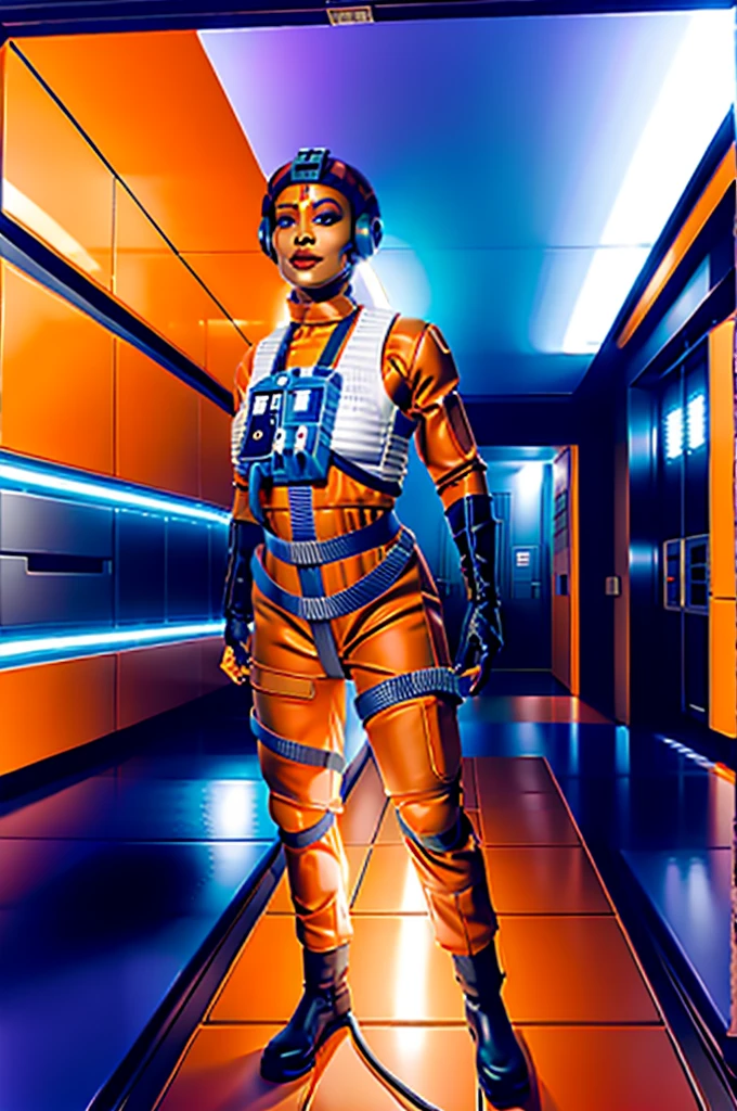 twilek in rebel pilot suit,orange skin,futuristic corridor,tech,space base