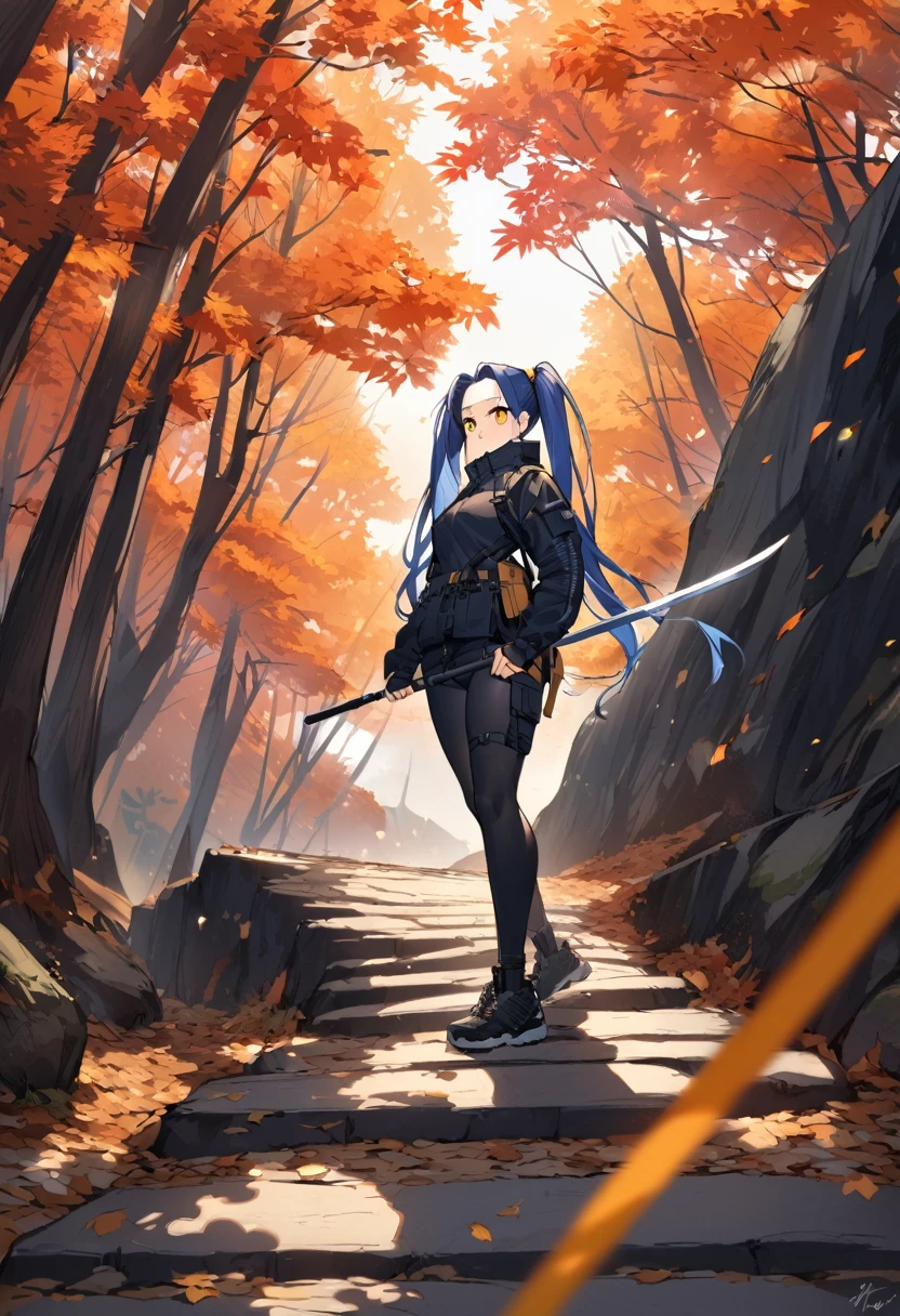 (One very tall woman,Navy Blue Hair,Her hairstyle is twin tails that expose her forehead.,Medium chest,yellow eyes)Japanese spear-wielding woman,Techwear,The background is a hiking trail with autumn leaves on the mountain