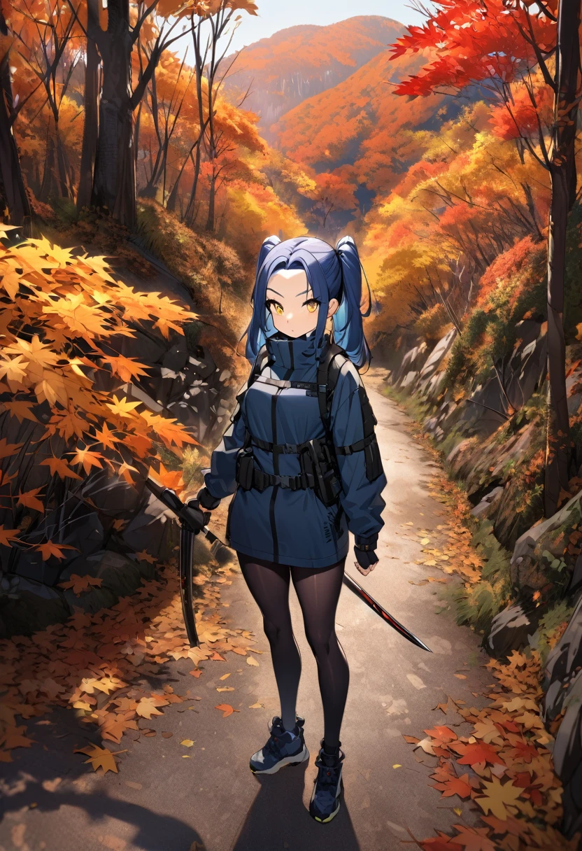 (One very tall woman,Navy Blue Hair,Her hairstyle is twin tails that expose her forehead.,Medium chest,yellow eyes)Japanese spear-wielding woman,Techwear,The background is a hiking trail with autumn leaves on the mountain