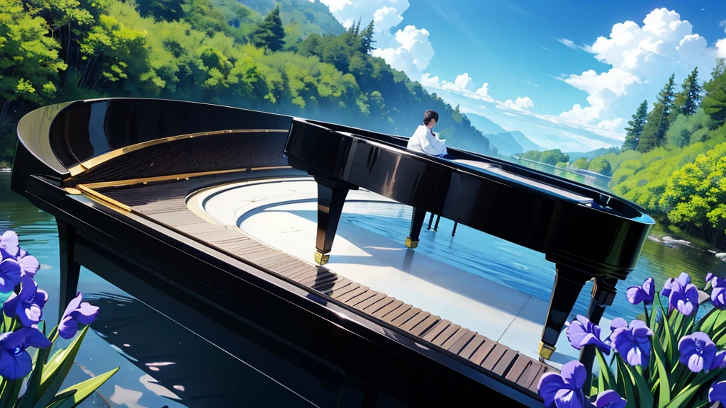 A large black grand piano placed beside a small stream lined with irises、White clouds in blue sky、A typical grand piano