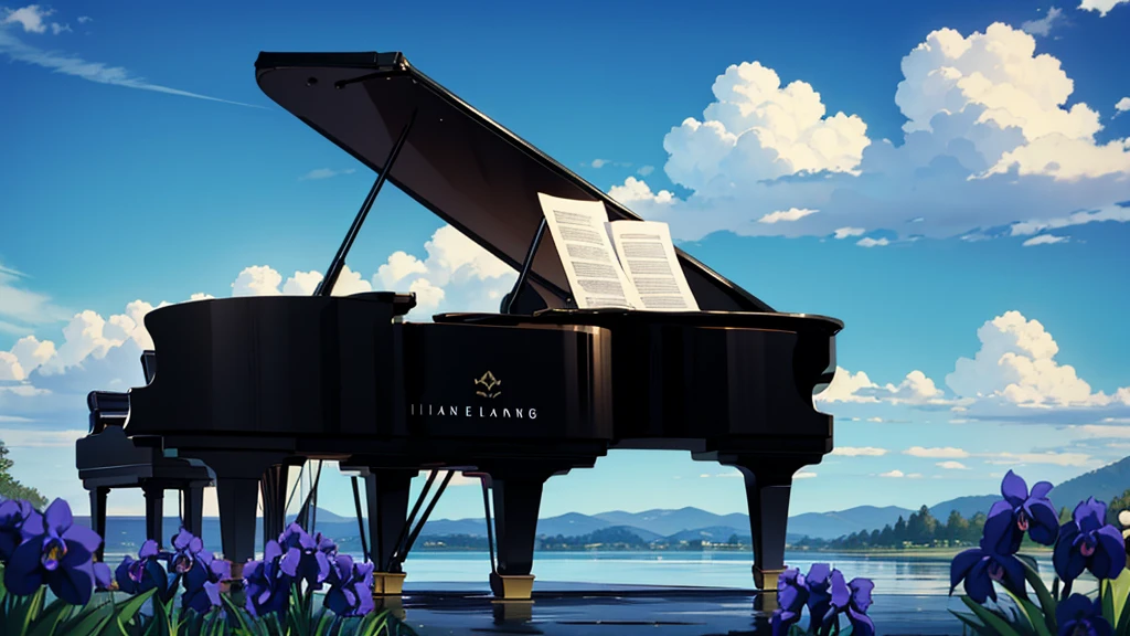 A large black grand piano placed beside a small stream lined with irises、White clouds in blue sky、A typical grand piano
