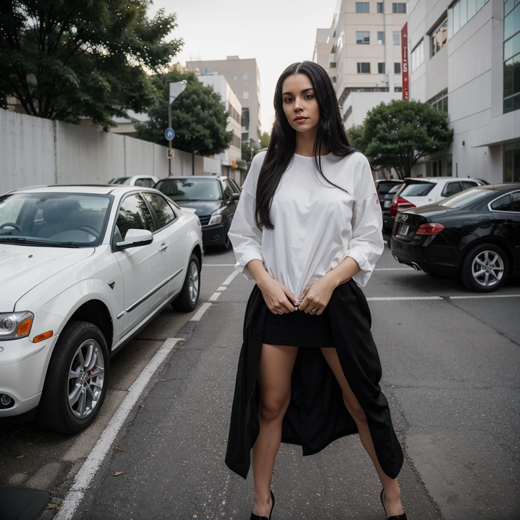 portrait of a sexy white woman, black long hair, standing next to a car