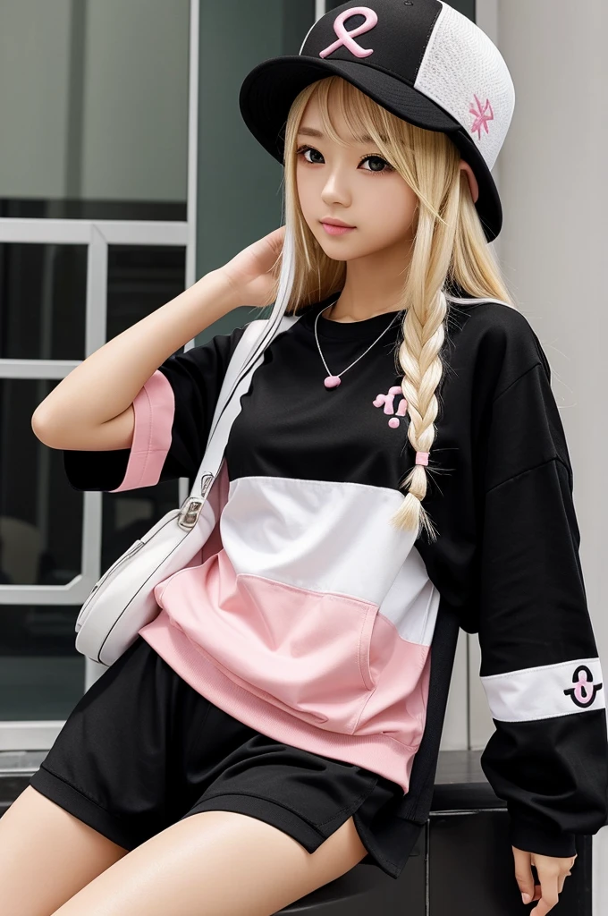 I would like an anime character with black clothes with cute symbols with blonde hair, white socks, light skin and pink accessories, white hat with embroidery