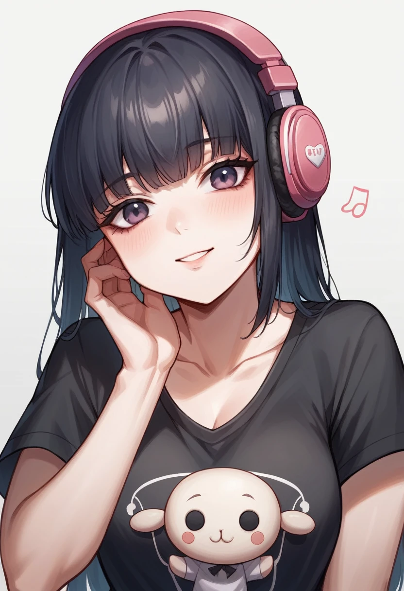 shows a Blythe doll with dark, straight hair, cut in a bob style with bangs that lightly cover her forehead. She has large expressive eyes and porcelain skin with slightly rosy cheeks. The doll wears a black t-shirt and wears pale pink headphones on her head. His expression is serene and thoughtful.