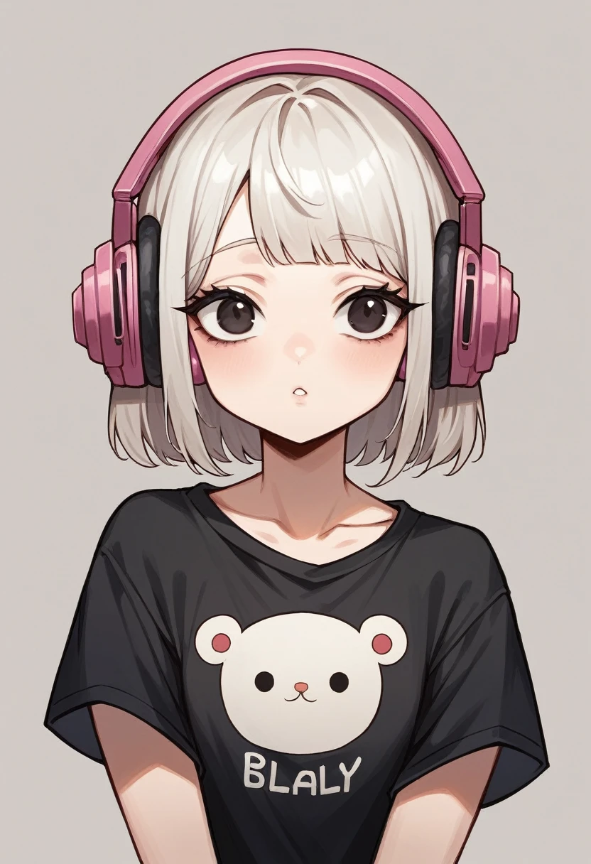 shows a Blythe doll with dark, straight hair, cut in a bob style with bangs that lightly cover her forehead. She has large expressive eyes and porcelain skin with slightly rosy cheeks. The doll wears a black t-shirt and wears pale pink headphones on her head. His expression is serene and thoughtful.